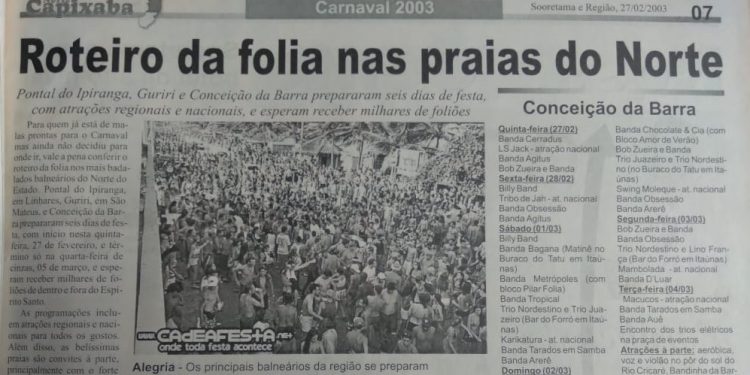 A HISTÓRIA IMPRESSA: Programação intensa de Carnaval nas praias do Norte – em 2003